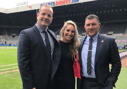 Sky Sports Team of Jenna Brooks, Barrie McDermott and Terry O'Connor join up for 'Walk & Talk' signed ball relay